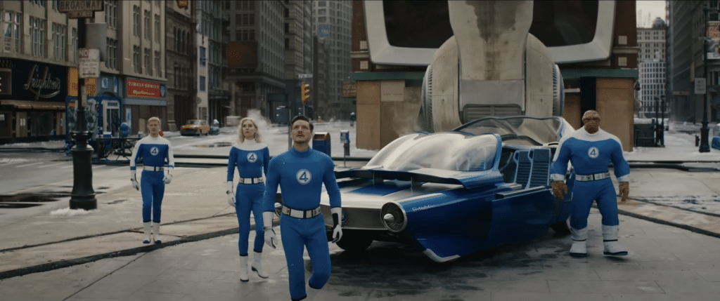 Joseph Quinn, Vanessa Kirby, Pedro Pascal, and Ebon Moss-Bacharach in "The Fantastic Four: First Steps"